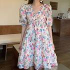 Bell-sleeve V-neck Floral Dress Pink - One Size