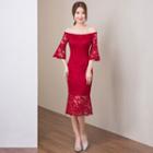 3/4-sleeve Lace Mermaid Midi Evening Gown
