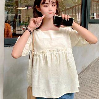 Short-sleeve Ruffle Trim Plain T-shirt
