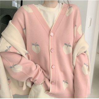 Long-sleeve Buttoned Peach Print Knit Top