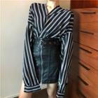 V-neck Striped Blouse / Faux Leather Mini A-line Skirt