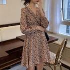 V-neck Floral Mini A-line Dress Pink - One Size