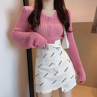 Ribbed Cardigan / Lettering Asymmetrical A-line Skirt / Set