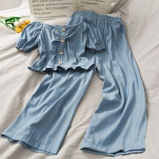 Set: Boatneck Ruffled Crop Top + High-waist Wide Pants