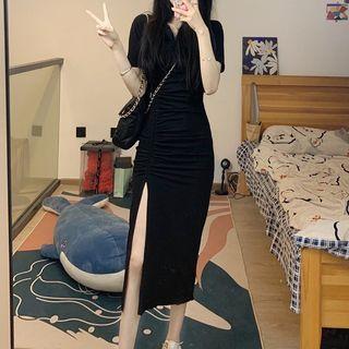 Short-sleeve V-neck Plain Drawstring Knit Maxi Dress