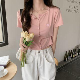 Short-sleeve Heart Embroidered Button-up Top