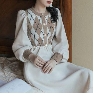Long-sleeve Argyle Knit Midi A-line Dress
