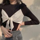 Bow Accent Mock Two Piece Knit Top Black - One Size
