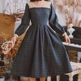 Long-sleeve Paneled Plaid Midi A-line Dress