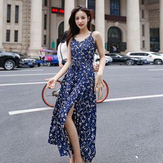 Spaghetti-strap Floral Printed Slit Maxi Dress