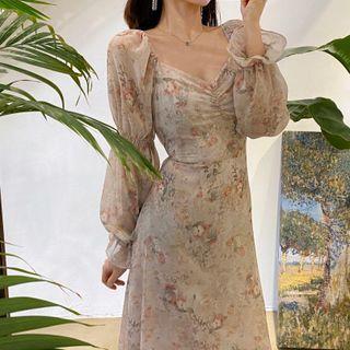 Puff-sleeve Floral Chiffon Midi A-line Dress