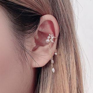 Faux Pearl Rhinestone Fringed Cuff Earring 1 Pc - As Shown In Figure - One Size