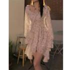Long-sleeve Floral Asymmetrical Mini A-line Dress