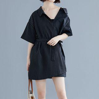 Elbow-sleeve Pinstriped Panel Asymmetric Blouse