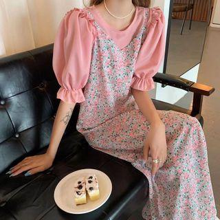 Short-sleeve Top / Strappy Floral Midi A-line Dress