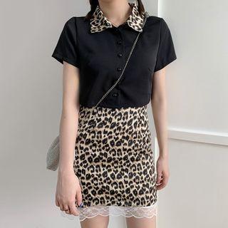 Collared Short-sleeve Top / Leopard Print Mini A-line Skirt