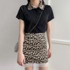 Collared Short-sleeve Top / Leopard Print Mini A-line Skirt