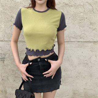 Color Block Short-sleeve Frill Trim T-shirt