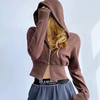Long-sleeve Plain Cropped Zip-up Hoodie