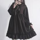 Long-sleeve Frill-trim Chiffon Dress Black - One Size