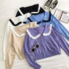 Color-block Trim Peter-pan Collar Single-breasted Long-sleeve Knit Cardigan