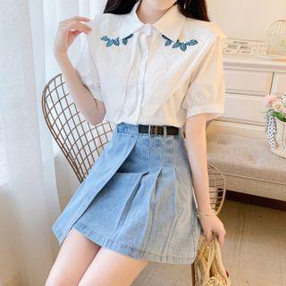 Elbow-sleeve Embroidered Shirt / Denim Mini Skirt / Set