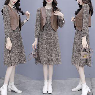 Set: Floral Long-sleeve Midi A-line Dress + Vest