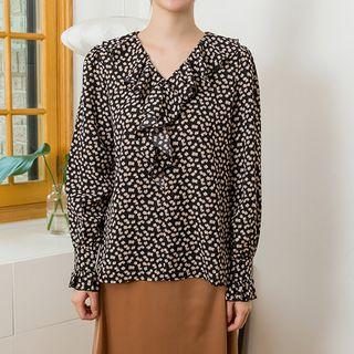 Ruffle-collar Frill-cuff Floral Blouse