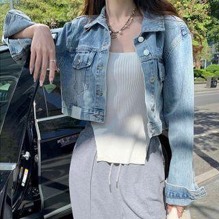 Long-sleeve Lettering Cropped Denim Jacket