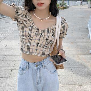 Puff-sleeve V-neck Plaid Crop Top