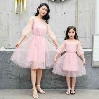Family Matching Set: Long-sleeve Midi A-line Mesh Dress + Slipdress
