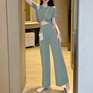 Set: Short-sleeve Twisted Top + Wide Leg Pants