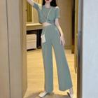 Set: Short-sleeve Twisted Top + Wide Leg Pants