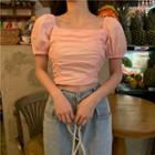 Square-neck Puff-sleeve Top Pink - One Size