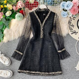 Set: Mesh Long-sleeve Top + Sleeveless Tweed A-line Dress