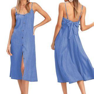 Spaghetti Strap Denim Button Midi A-line Dress