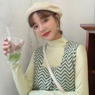 Set: Mock-turtleneck Long-sleeve Top + Buttoned Knit Vest