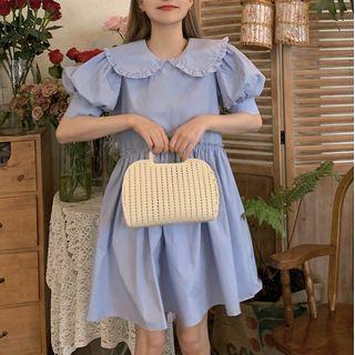 Puff Sleeve Peter Pan Collar Dress Blue - One Size