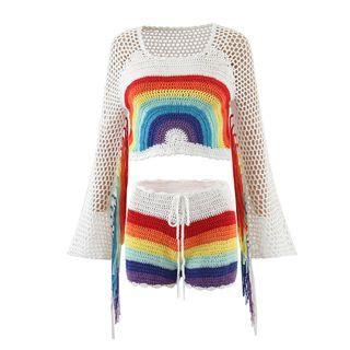 Cropped Rainbow Fringed Loose-knit Top / Knit Shorts
