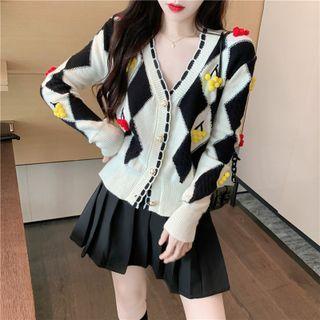 Pom Pom Detail Argyle Cardigan / Mini Pleated Skirt