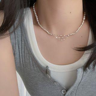 Beaded Necklace 1pc - Silver & White - One Size