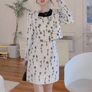 Long-sleeve Floral Embroidered Cropped Jacket / Mini Pencil Skirt