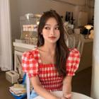 Short-sleeve Plaid Crop Top Red - One Size