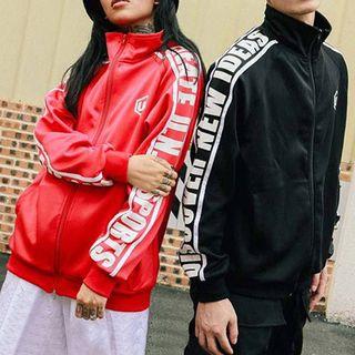 Couple Matching Lettering Trim Zip Jacket