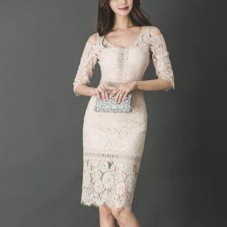 Elbow-sleeve Cutout Mini Sheath Lace Dress