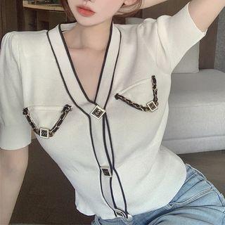 Short-sleeve V-neck Chained Knit Top