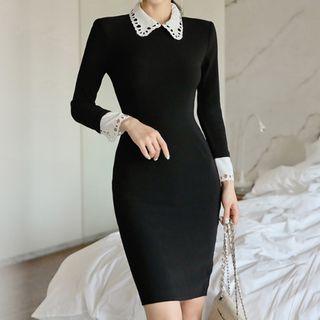 Eyelet Lace Trim Long-sleeve Sheath Dress