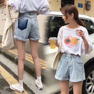 Contrast-pocket Roll-up Denim Shorts