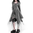 Long-sleeve Asymmetrical Mesh Midi A-line Dress