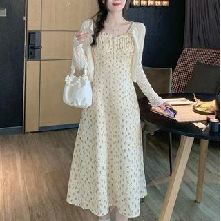 Set: Spaghetti-strap Floral Midi Dress + Cardigan